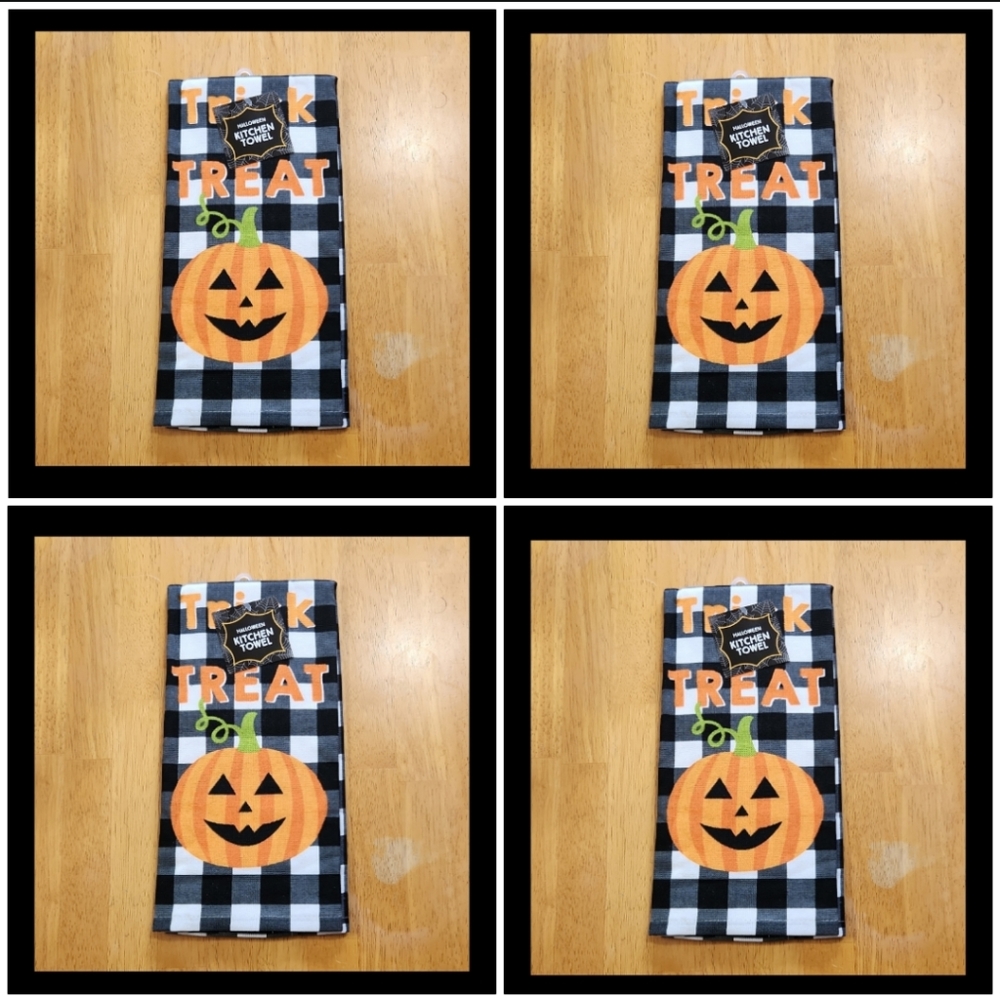 4 New 100% Cotton Black & White Check Pumpkin Face Halloween Kitchen Towels